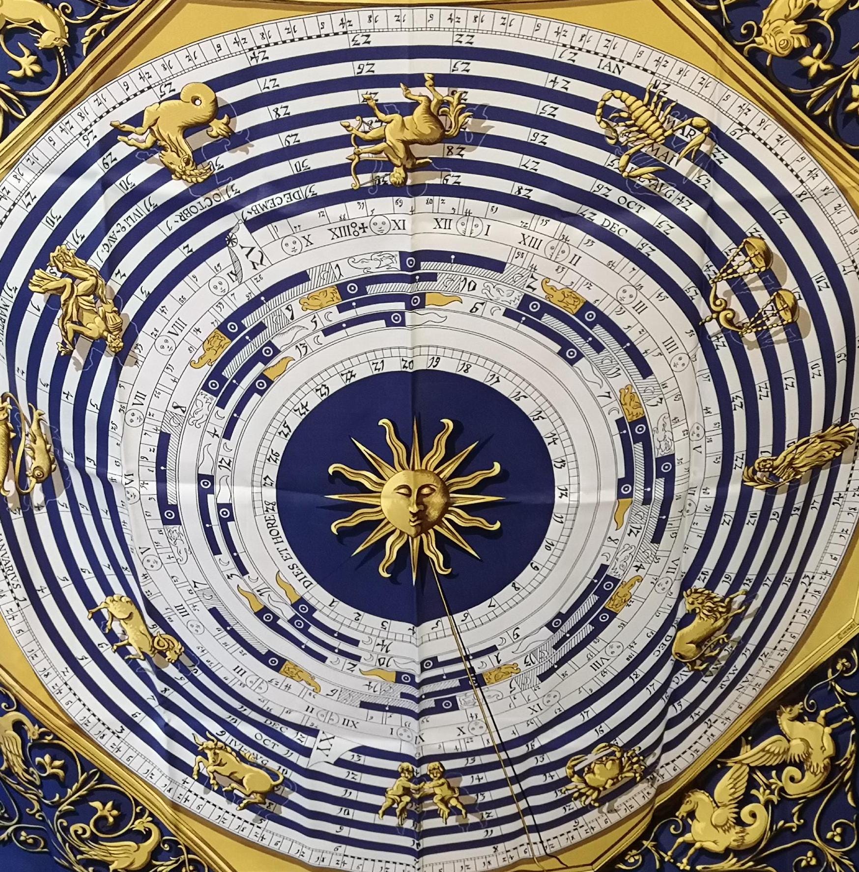 Hermes Silk Scarf Zodiac Signs Blue Gold Aries Aquarius Pisces Leo