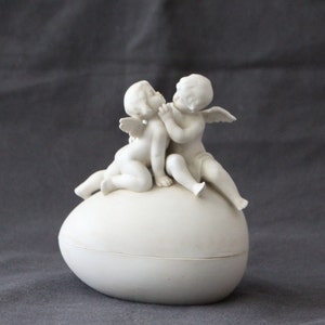 Biscuit porcelain jewelry box Angel figurine Egg jewelry box Sculpture Elegant decor Art Soft paste porcelain Romantic decor Bisque statue