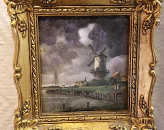 Pinturas en miniatura de paisajes bucólicos flamencos: molino de viento holandés, vacas, personas, marco dorado. JUEGO DE 3