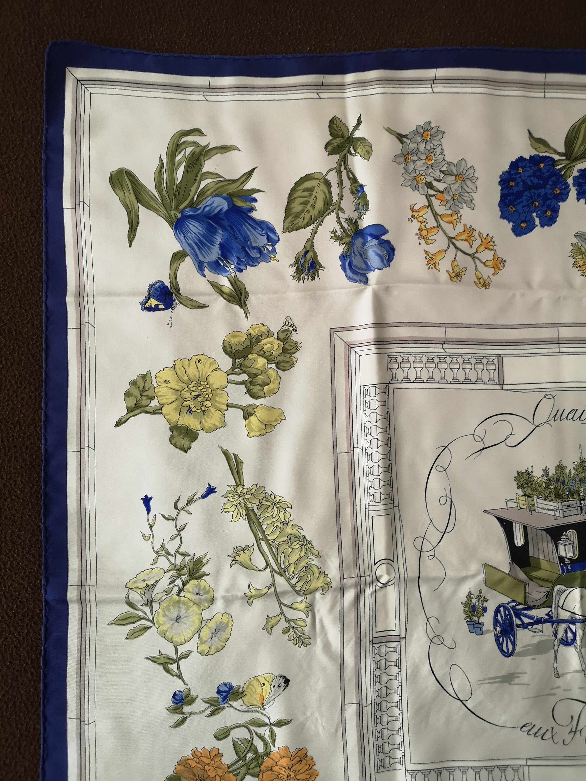 Blue Flower Silk Scarf Hermes Quai Aux Fleurs Forget-me-not Yellow