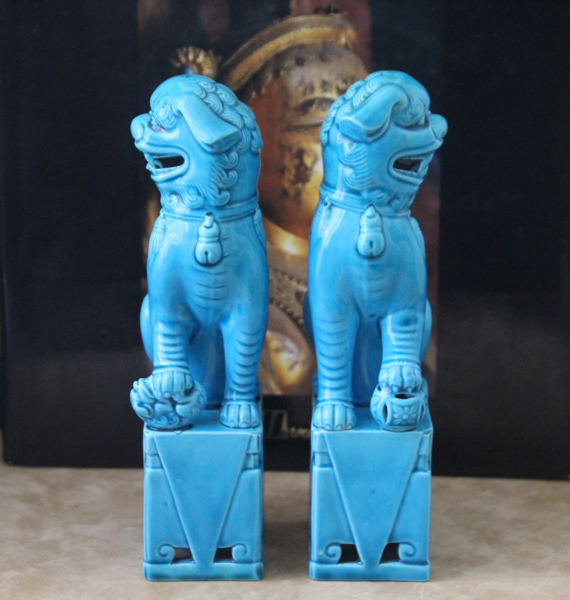 中国の福犬像 ターコイズ 犬のギフト 犬の置物 風水 陶器 保護寺院 福