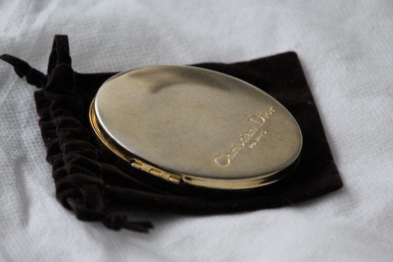 Vintage Christian Dior Paris Oval Compact Pocket Mirror Gold Metal