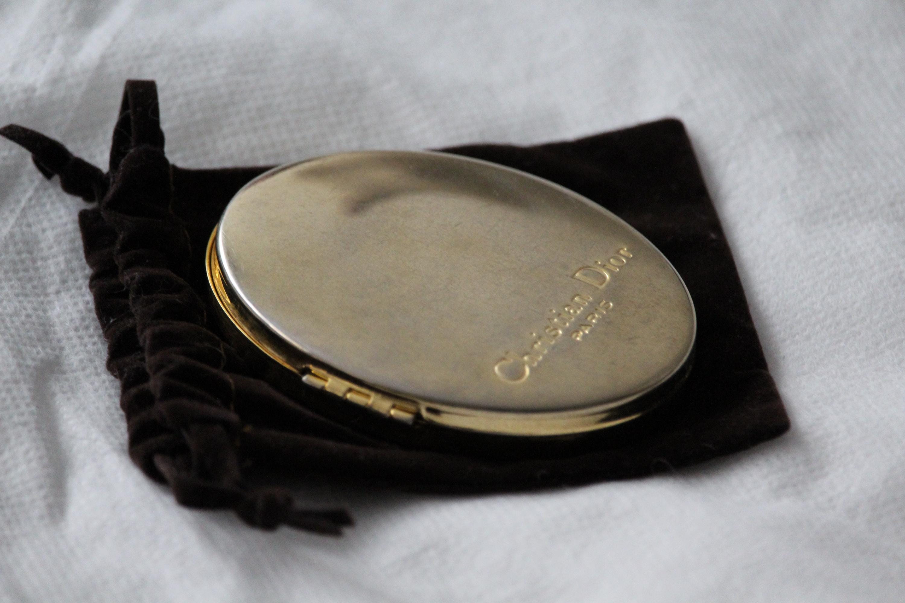 Vintage Christian Dior Paris Oval Compact Pocket Mirror Gold Metal