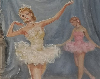 Toile de ballerine, peinture à l'huile, art de ballerine, décoration murale de danse, art mural de ballerine, jeunes filles, robe rose, peinture bleue, robe blanche, encadré