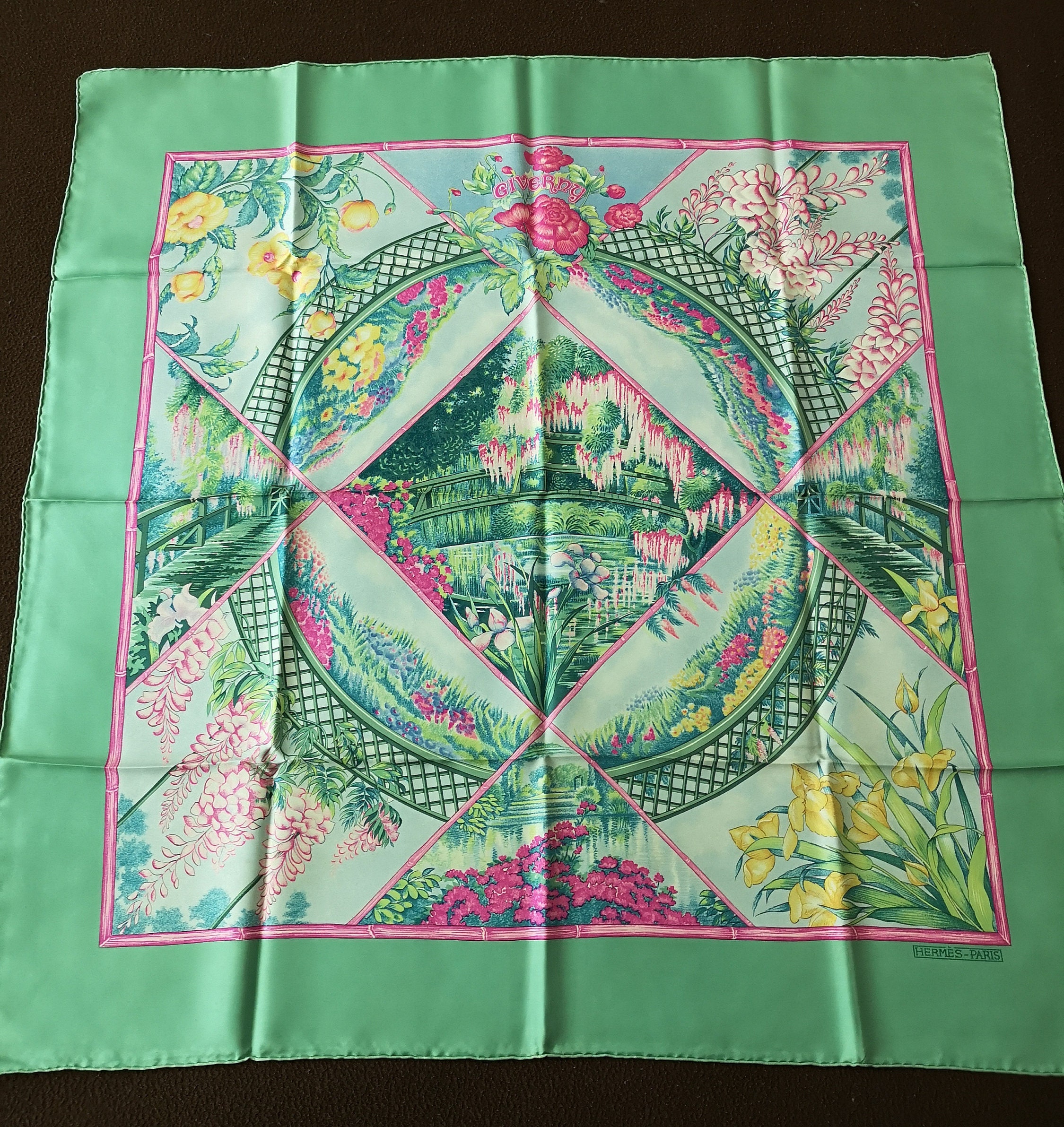 Hermes silk scarf Giverny garden Monet Wisteria pond Water Lilies flowers Yellow Iris Japanese Bridge Spring Green Pink Fuchsia Rose Gift