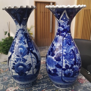 Japanese Meiji Imari Blue and White Vases Antique Japan 19th century Collectible Ceramic Blue vase Decorative Mantel decor Flower Floral