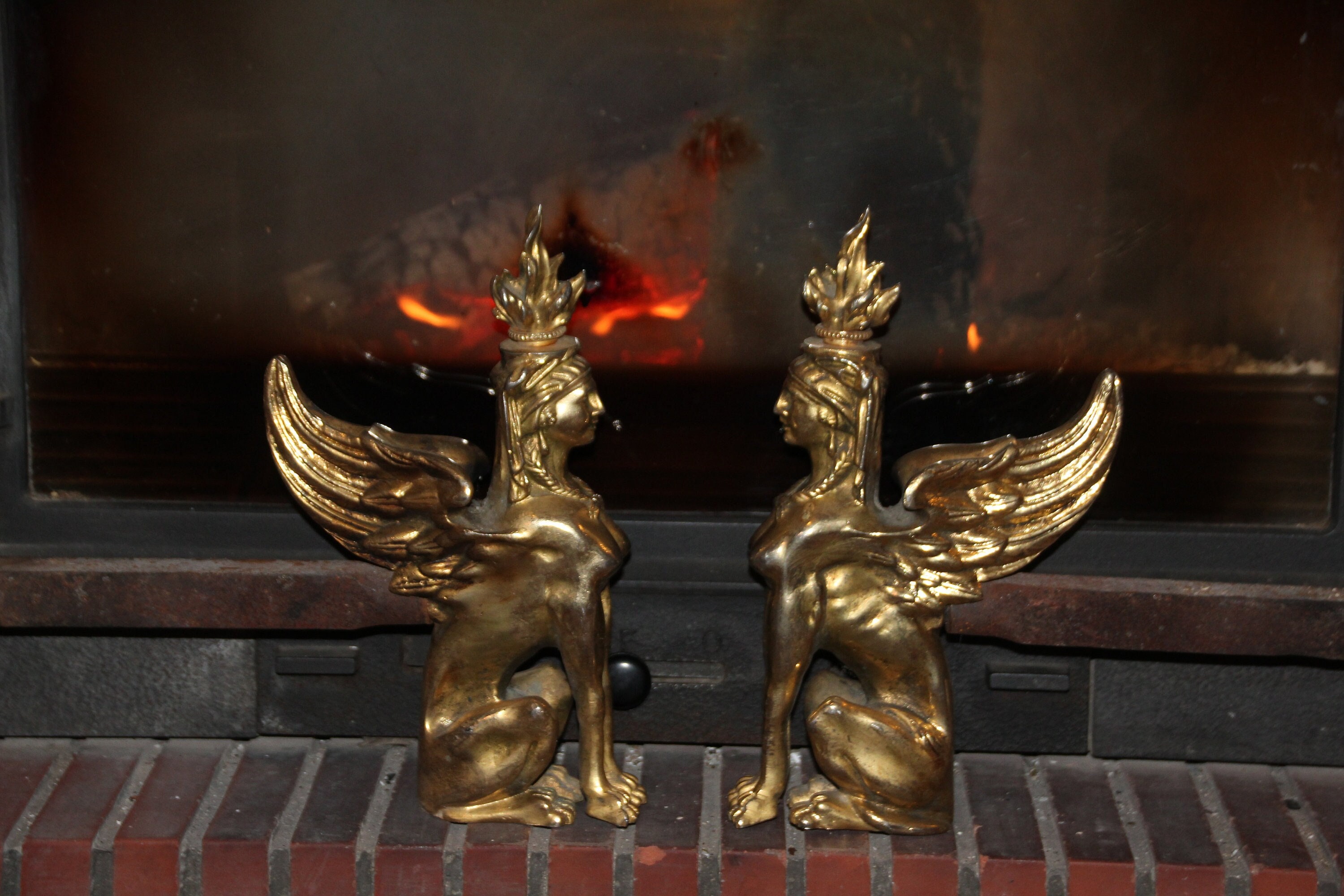 Bronze Antique Sphinx Ailé Grec Égyptien Griffon Etirons Décor Gothique de Chimère Ensemble Cheminée