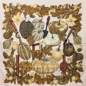 Beige silk scarf Hermes orange scarf Pumpkins Hermes Paris Citrouilles et coloquintes Pumpkin decor Halloween pumpkin Green scarf Fall