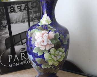 Large Cobalt Blue cloisonne vase Enamel Pink chrysanthemum Bird Gold Green Decorative Flower