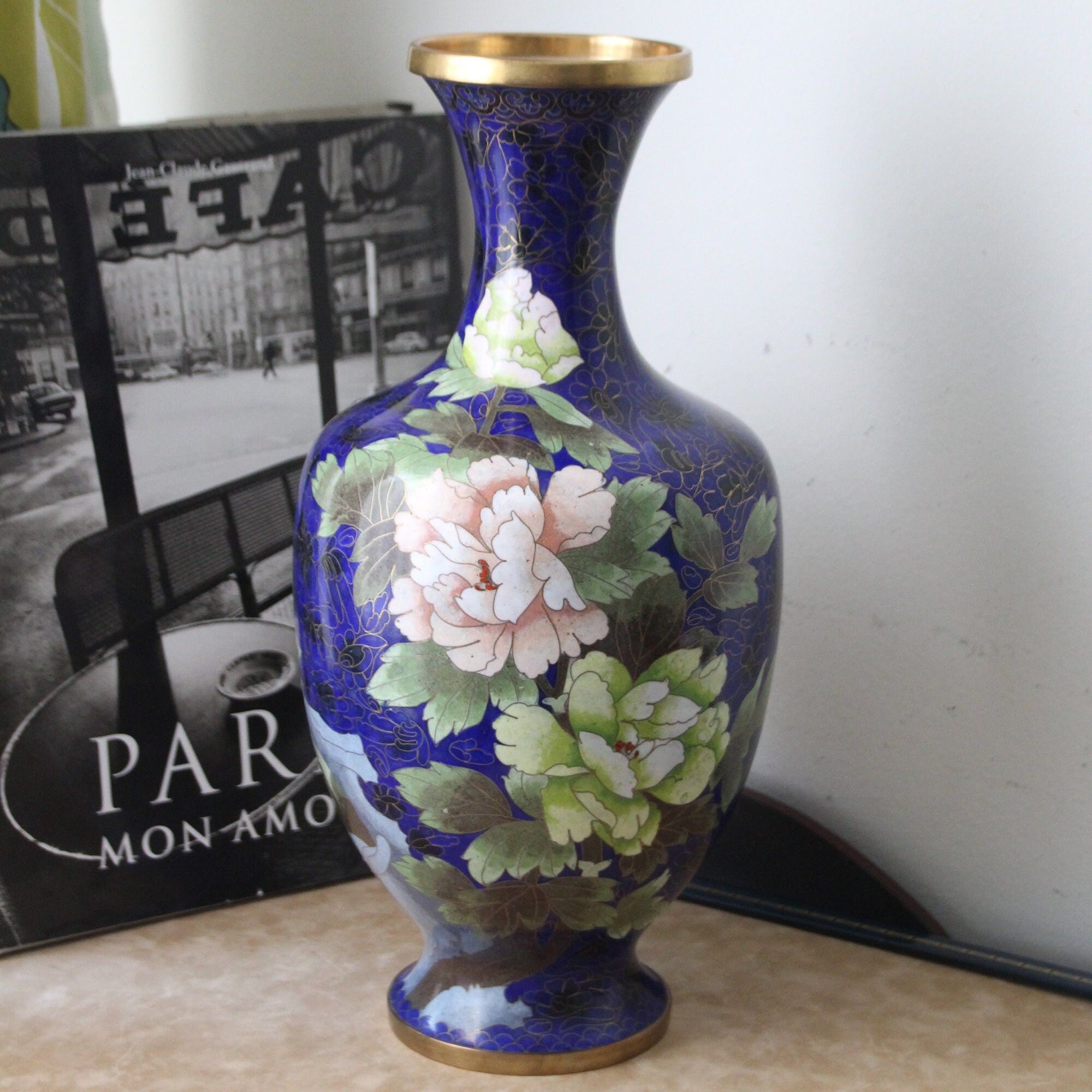 Grand Vase Cloisonné Bleu Cobalt Émail Chrysanthème Rose Décor d'oiseau Vase Or Décoration de Vert F