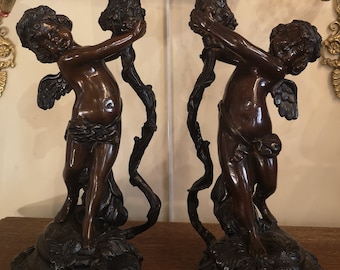 PAIR Patina Bronze candlestick holders Angels Cherub Putti Mantel decor Patinated bronze Fireplace decor Office desk decor Gift Candleholder