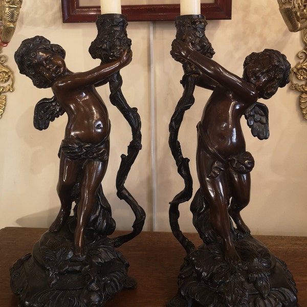 PAIR Patina Bronze candlestick holders Angels Cherub Putti Mantel decor Patinated bronze Fireplace decor Office desk decor Gift Candleholder