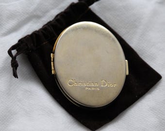 Vintage Christian Dior Paris Oval Compact Pocket Mirror Gold Metal