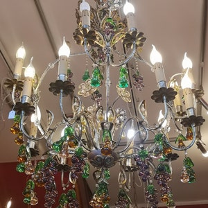 Chandelier lighting Multicolor Murano glass Fruits Grapes Grape Pears Green leaves Purple pendant light Gold ceiling light Living room light
