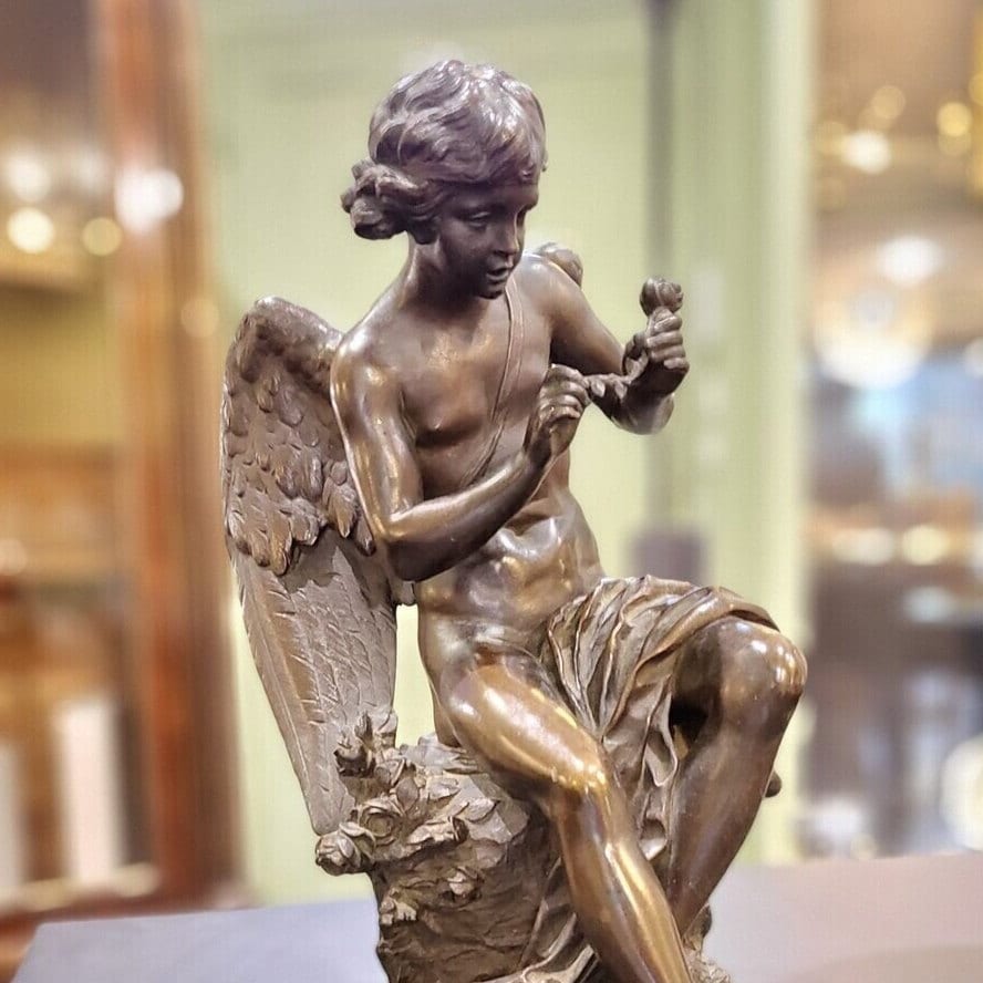 Antique Français Winged Angel Statue en Bronze Art Ange Gardien Œuvre d'art Signé 19Ème Siècle Sculp