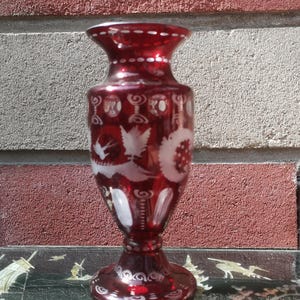 Può includere: Un vaso di vetro rosso rubino con disegni floreali e di uccelli bianchi incisi. Il vaso ha una parte superiore svasata, un corpo sottile e una base rotonda. Il vaso è esposto contro un muro di mattoni.