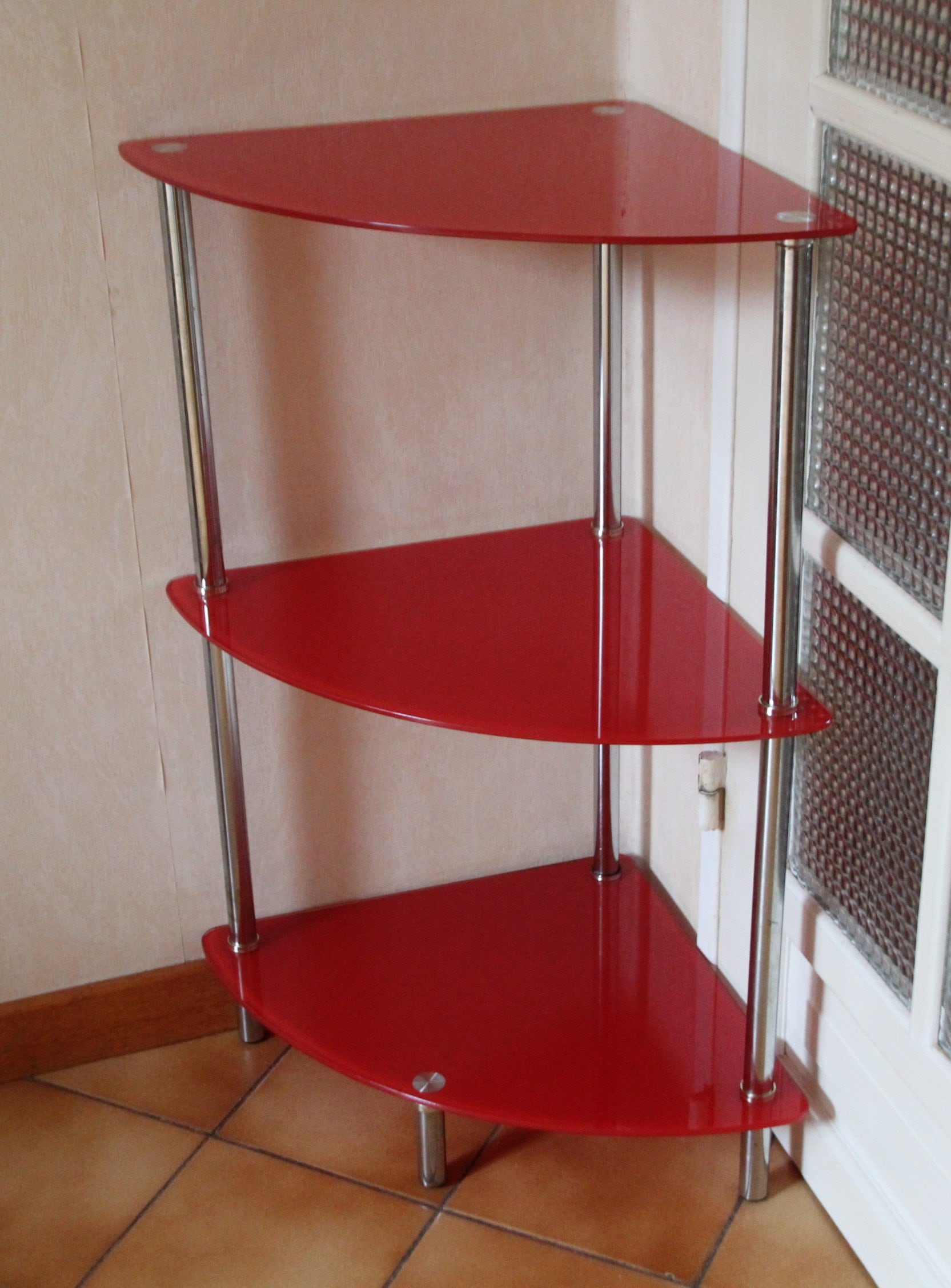 Vintage Red Glass Corner Shelf, Chrome Accent Rack - Etsy