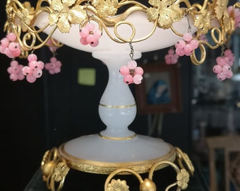Cuenco central dorado y rosa con hojas de parra, decoración de uvas, pedestal, jarrón, regalo de boda