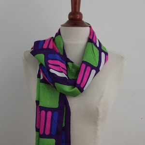 Fuchsia Vintage French Silk scarf Rectangular Purple Pink Blue Green Geometric Authentic Signed Gift for her Lady accessories Valentines day