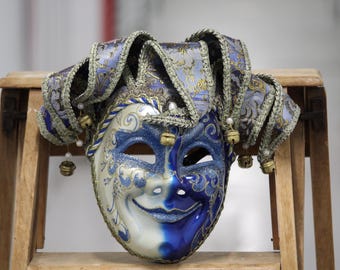 Máscara de carnaval veneciana azul oro barroca Casanova Decoración de pared Mascarada