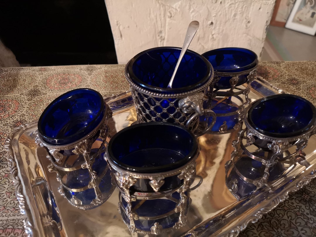 Antique French Sterling Silver Condiment Set Serving Tray Cruet Cobalt ...