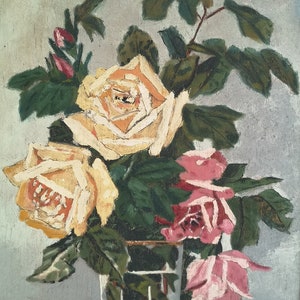 Gelbe Rosen Malerei Rosa Rosen Blumenstrauß Stillleben Malerei Gerahmte Wand-Dekor Floral Ölgemälde auf Holz Blumen-Wand-Kunst Grün Blau