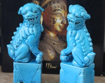 中国の福犬像 ターコイズ 犬のギフト 犬の置物 風水 陶器 保護寺院 福