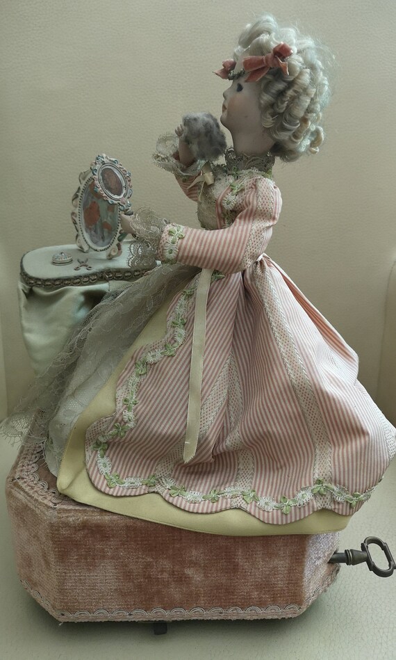 Victorian Lady Bisque Doll Music Box Make up Vanity Mirror