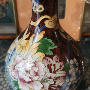 Japanese cloisonne vase Flowers Floral decor Chrysanthemum Butterfly Blue flower Pink Yellow Green Daisy Mothers day gift Romantic decor