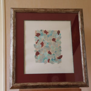 Birds Fishes wall decor Framed wall art Collage Red birds wall art Blue fishes wall decor Framed artwork Signed by Olitou
