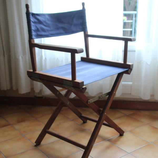 Vintage Maskenbildner Kinostar Teleskop Möbel Holz Leinwand Folding Director's Chair Blauer Canvas Regiestuhl Glamping Chair
