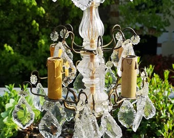 Small Crystal Chandelier Lighting, Gilt Bronze light fixture