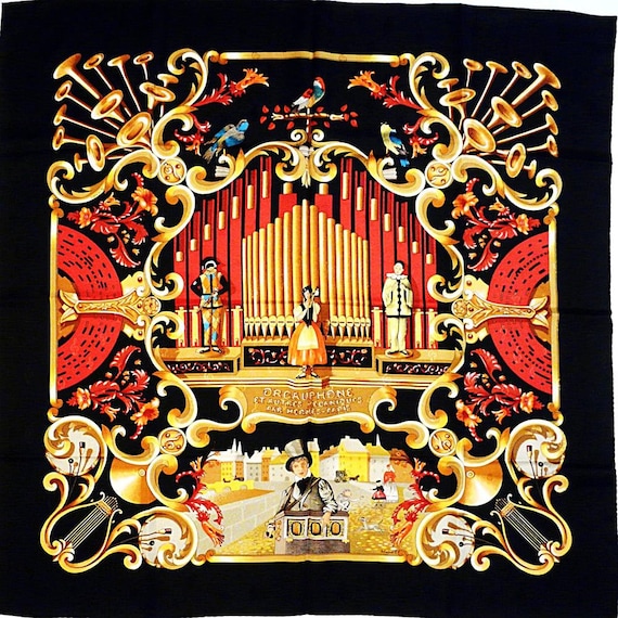 Hermes Silk Scarf Treble Clefs Musician Red Yellow Gold Birds