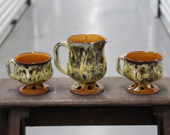 French Vallauris Ceramic Set Saucers Cups Teapot Creamer Brown