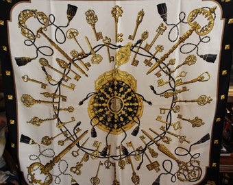 Hermes silk scarf Hermes scarf Authentic Hermes scarf Ladies scarf Gold scarf Luxury gift Gift for her scarves Black scarf Gold scarf Keys