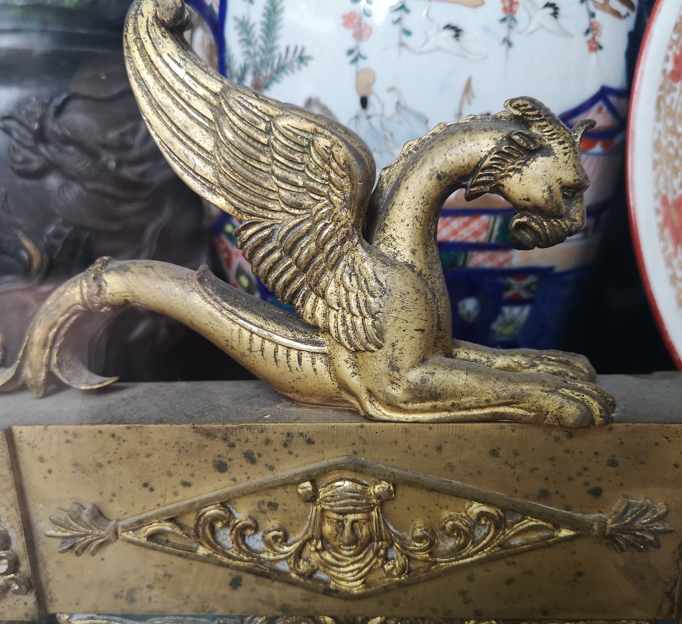 Antique Bronze Winged Griffin Andirons Décor Gothique Chimera Cheminée Ensemble Dragon Phenix Fire C