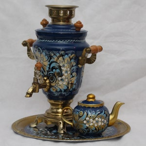 Vintage Samovar Handpainted Metal Blue Samovar Round Tray Teapot Tea maker Traditional Water heater Teapot Kettle Heater Gift