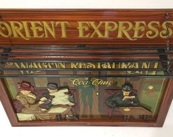 Wall rack Orient Express sign Signboard Train station Railway station Pub bar inn decor Advertisement Wooden sigh Agatha Christie books