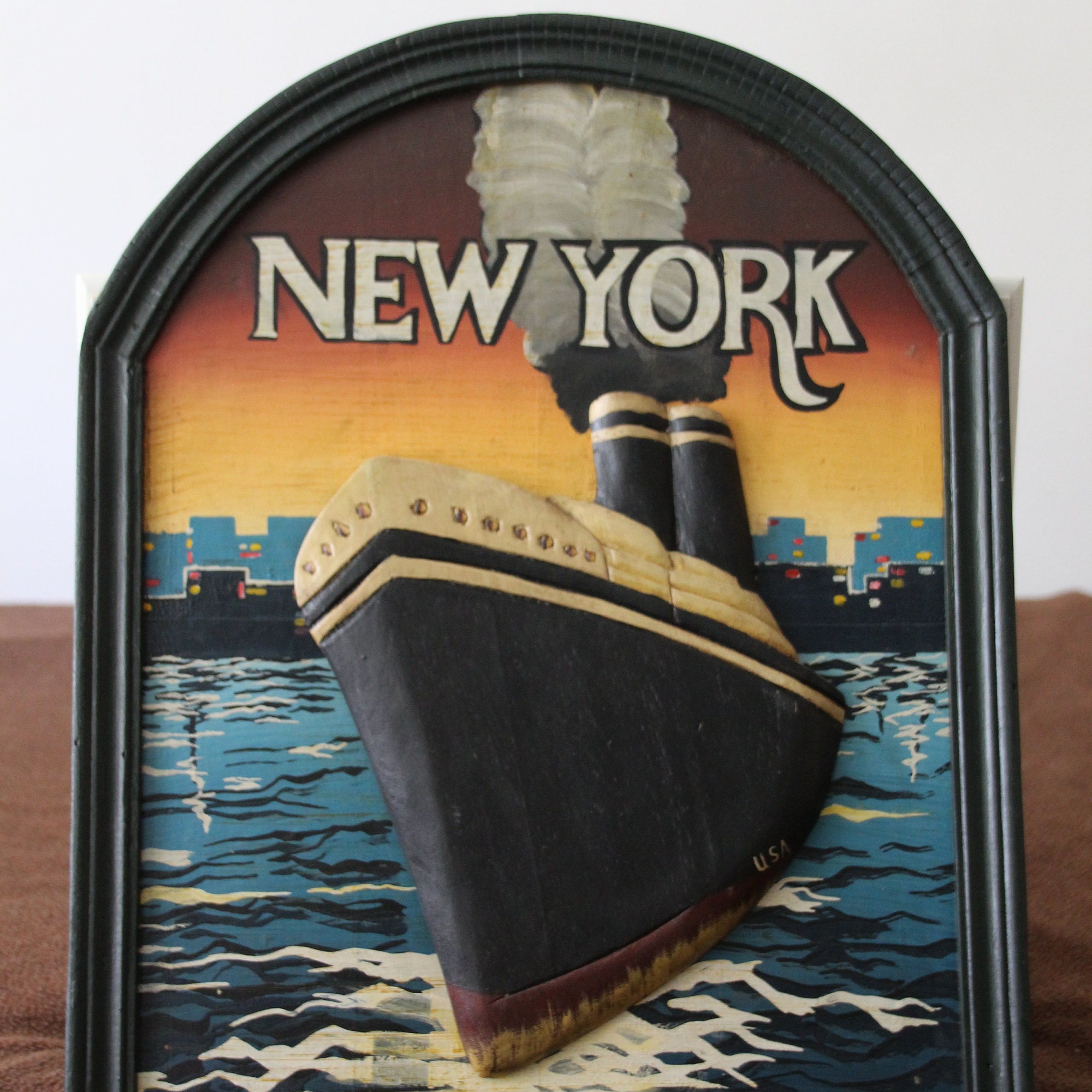 New York Wall Art New Décor City Skyline Manhattan Nyc Ship Carved Wood Retro Art