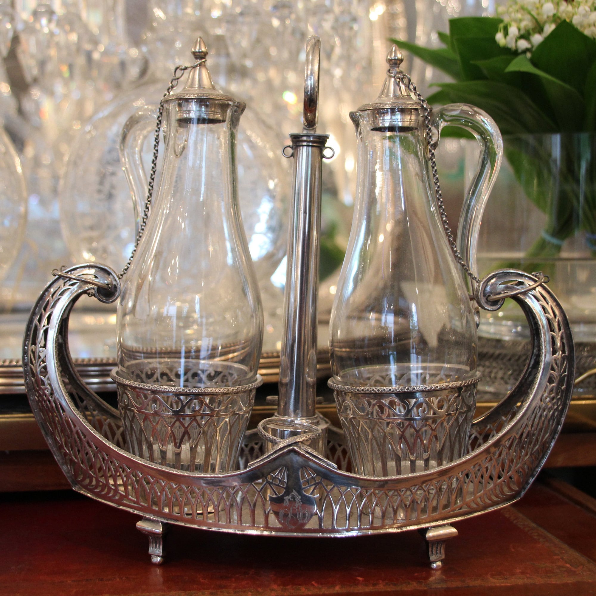 Huilier Vinaigrier en Argent Sterling Sertie à L'huile Vinaigre Ensemble Bouchon Huilier Burette Bou