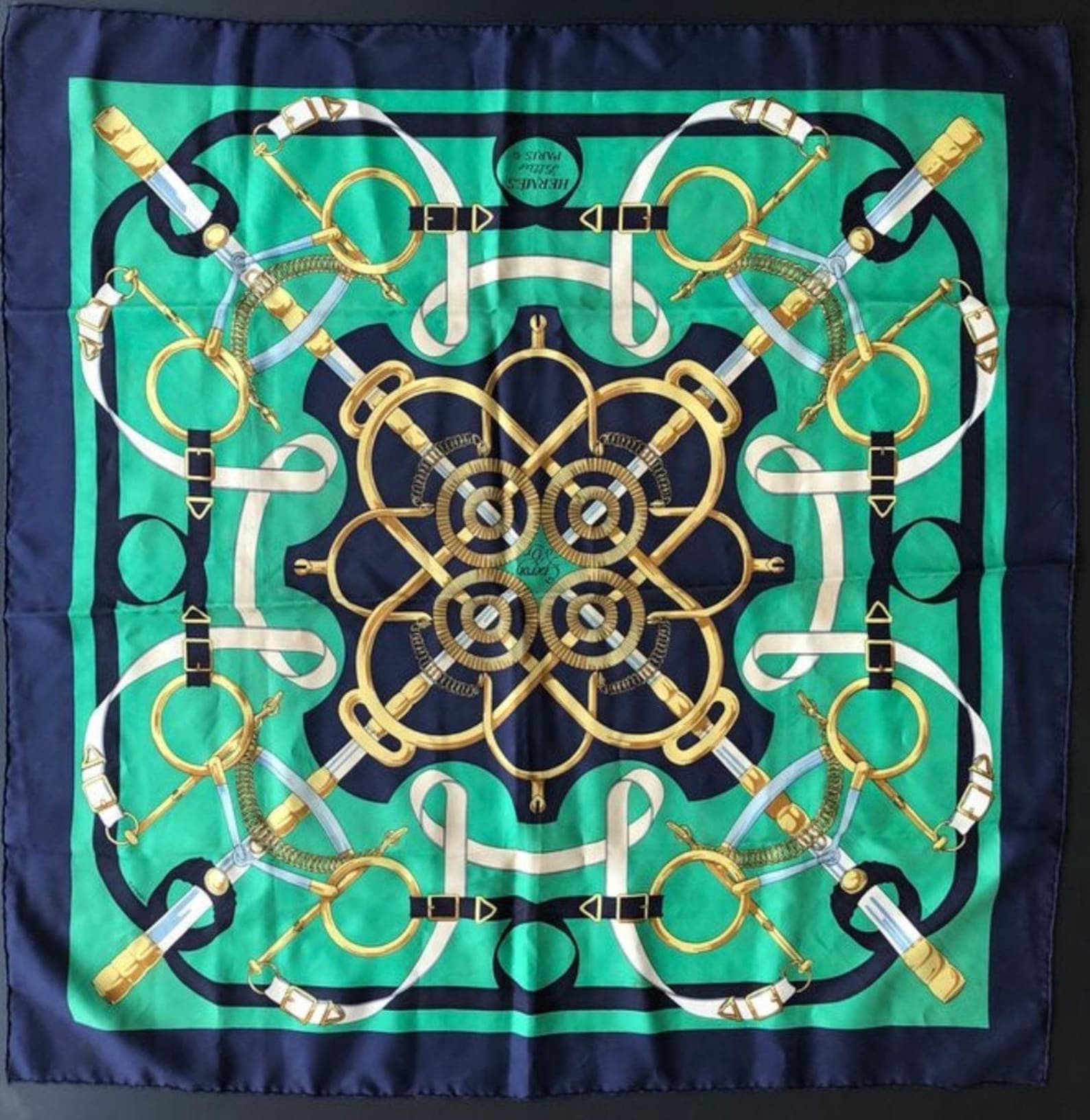 Green Hermes Scarf Green Silk Scarf Gold Scarf Blue Authentic - Etsy