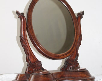 Antique Victorian Dressing table mirror Mahogany wood Vanity mirror Oval tilt mirror Lady Boudoir Dresser Make up mirror Jewelry storage