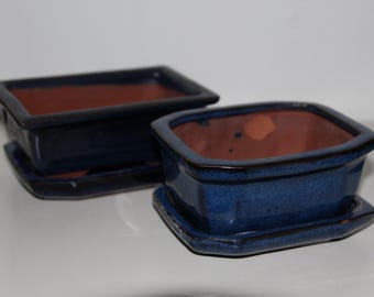 Blue ceramic Bonsai pots Set of 2 Vase planter Pottery Flower Bowl Blue Gardening