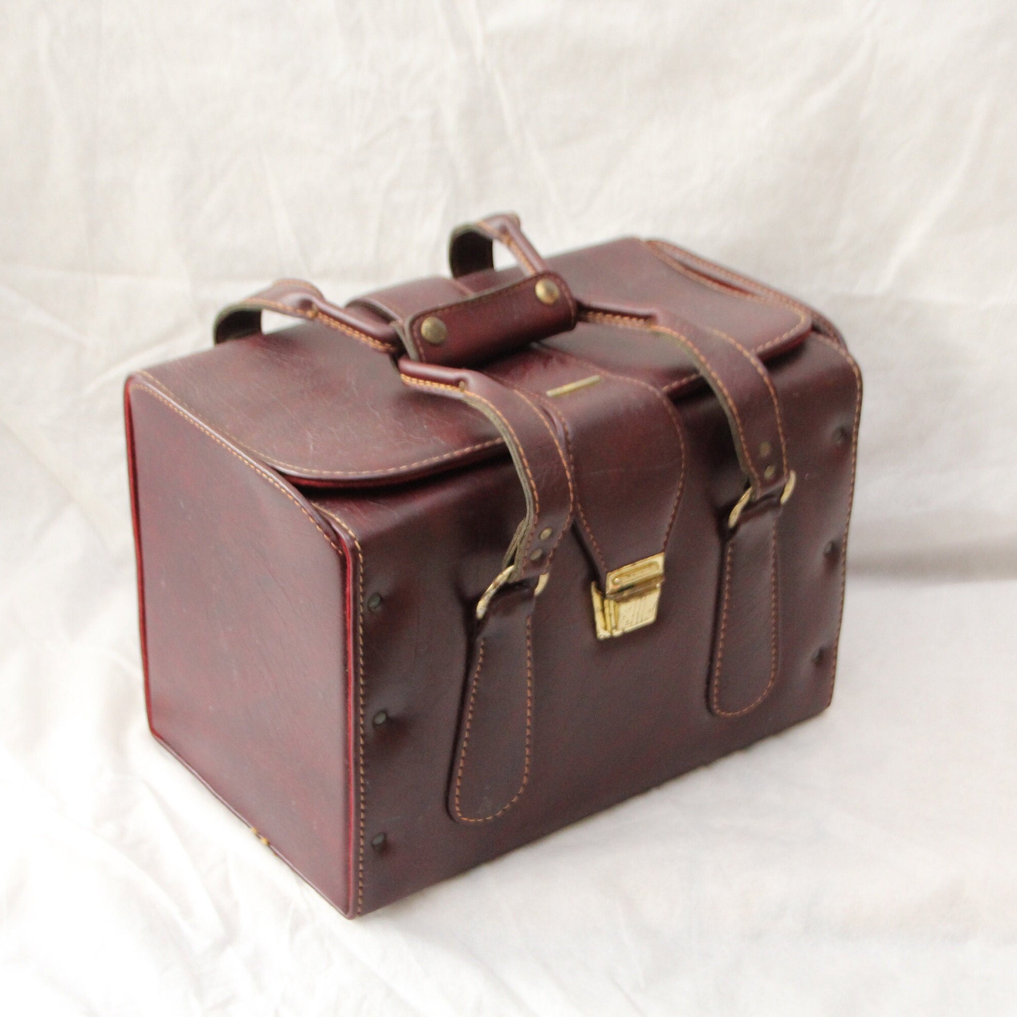 Leather Vanity Case Vintage Travel Vanity Purple Makeup Bag 