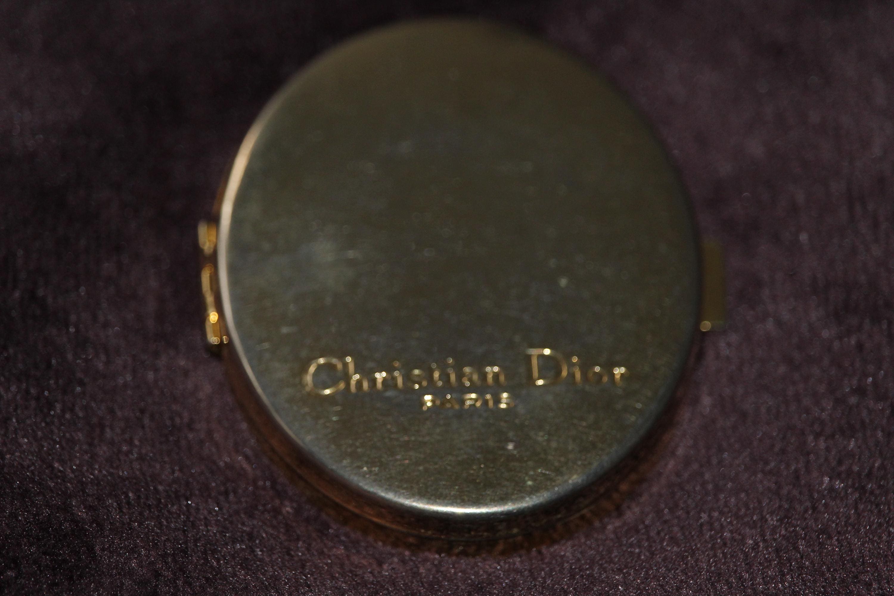 Vintage Christian Dior Paris Oval Compact Pocket Mirror Gold Metal