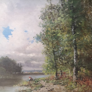 VERKOCHT Impressionistisch schilderij Frankrijk landschap olieverfschilderij meer kunst aan de muur gesigneerd kunstwerk natuur decor Franse antieke kunst gouden lijst schilderij