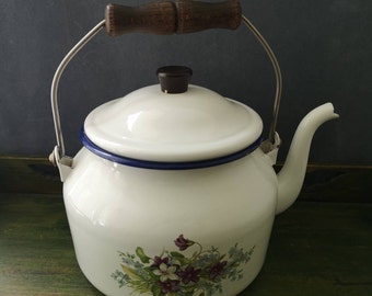 White enamel kettle VIOLET French Vintage Violet flowers Rustic Farmhouse Enamelware Retro kitchen decor Shabby chic