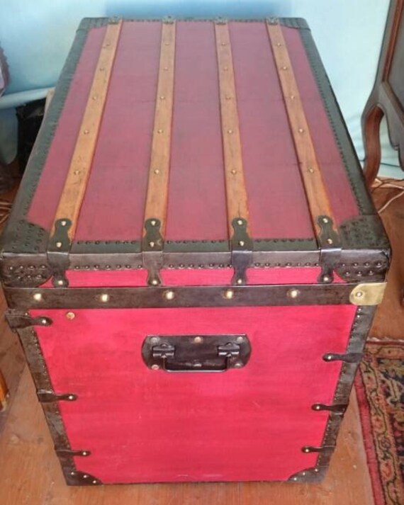 French Antique Steamer Trunk Large Chest Coffee Table Side Storage Wood Wooden