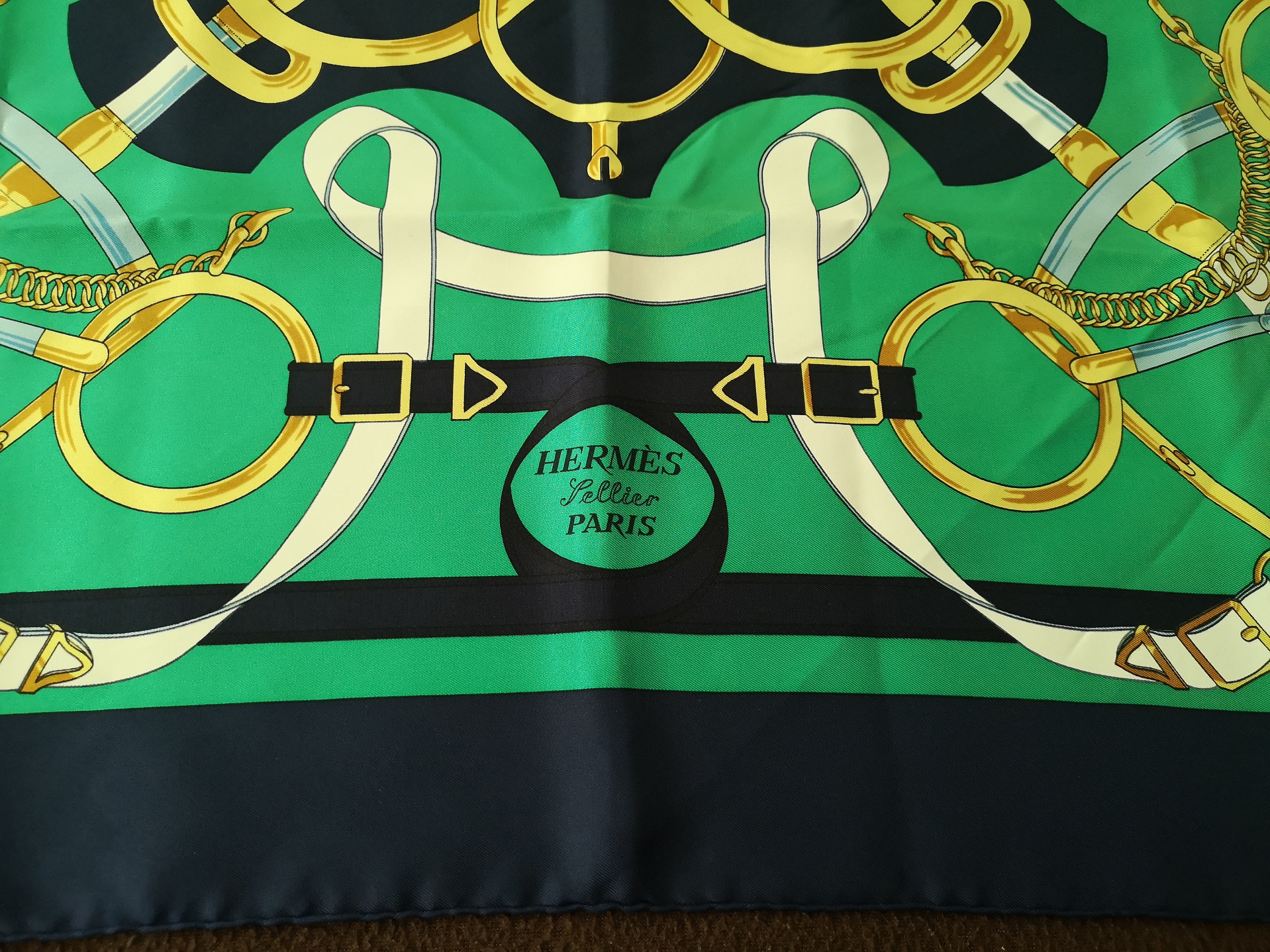 Green Hermes Silk Scarf Gold Blue Lady Fashion Neck Accessories