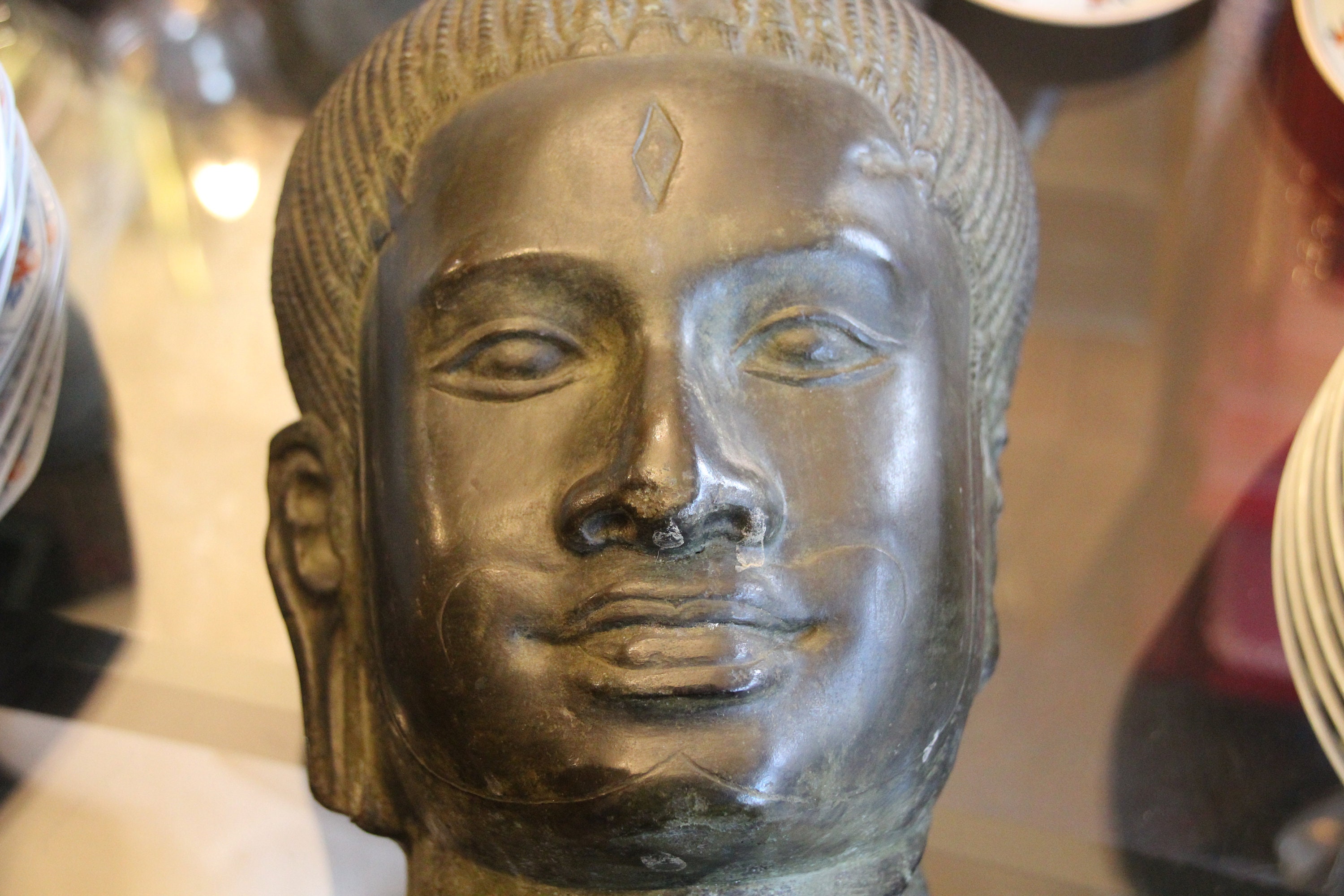 Cambodge Sculpture de Tête Bouddha Bronze Khmer Angkor Bayon Art Asiatique Statue Culte Kampuchea Pr